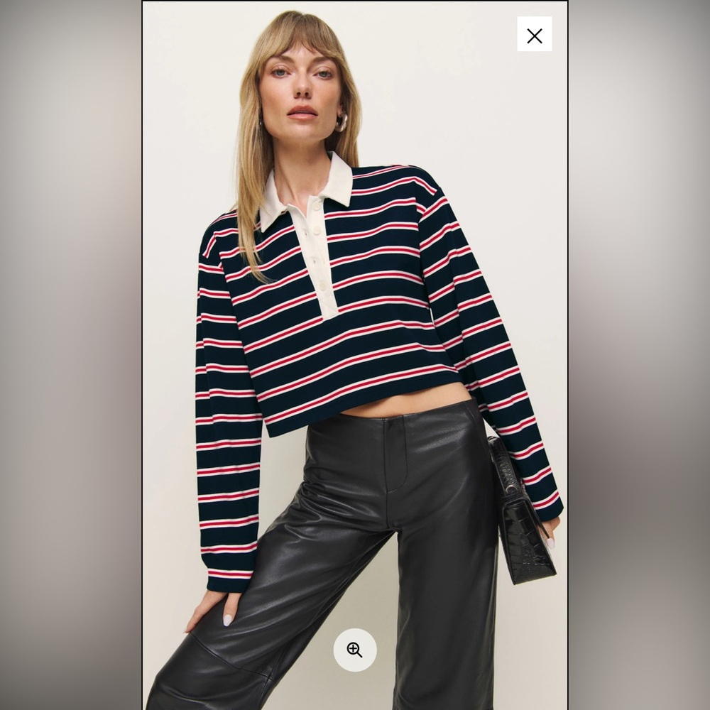 Reformation Navy and Red Striped Crop Polo